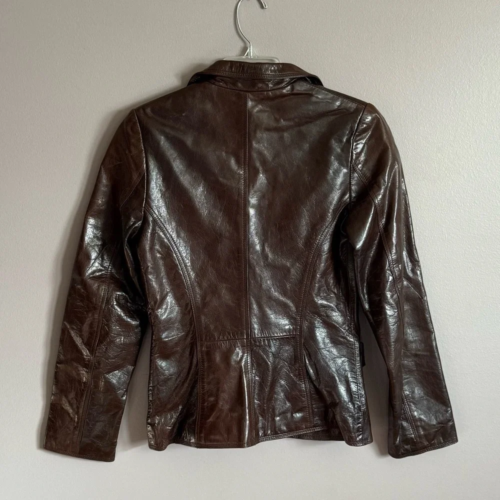 American Base Women's Brown Leather Jacket Button Front Size Small - Picture 4 of 6